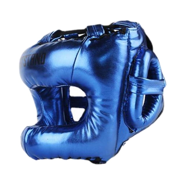 Casco de boxeo suave y transpirable de cobertura completa, equipo de protección para artes marciales. Azul