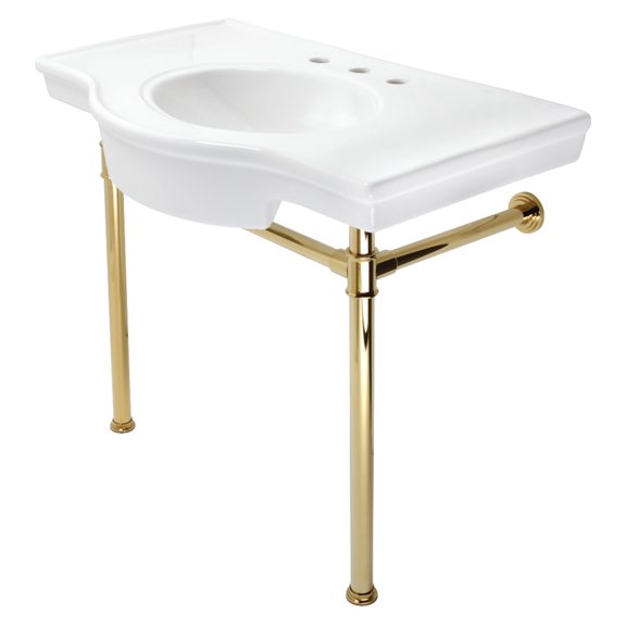 Kingston Brass VPB1372ST Templeton 37" Ceramic Console Sink with Stainless Steel Legs (8-Inch, 3-Hole), White/Polished Brass