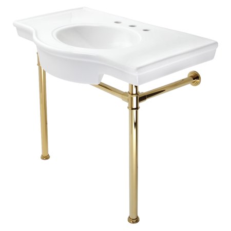Kingston Brass VPB1372ST Templeton 37" Ceramic Console Sink with Stainless Steel Legs (8-Inch, 3-Hole), White/Polished Brass