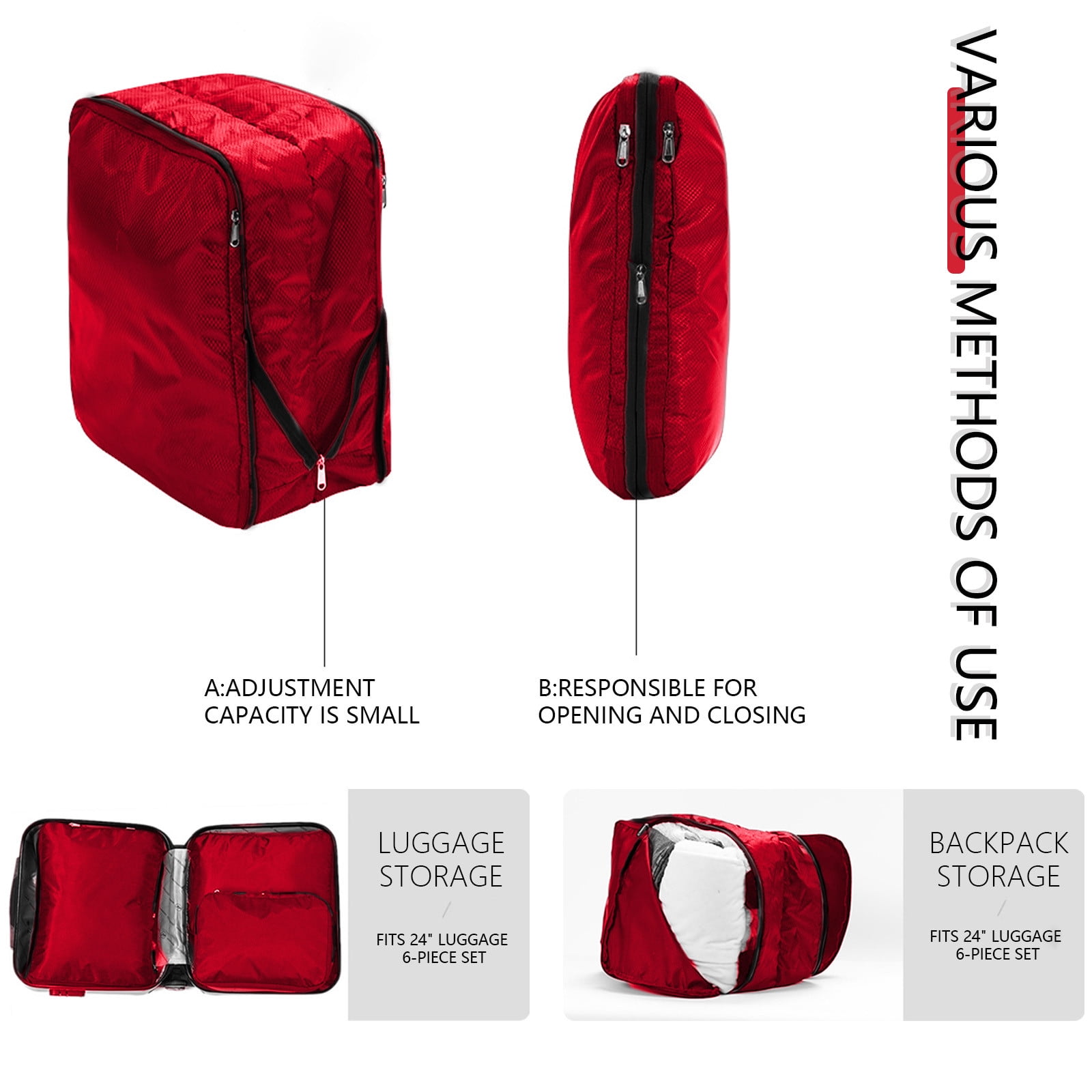 Travel Luggage Packing Cubes Set of 3, Expandable Suitcase Organizers for Clothes Storage, Travel Essentials, Oxford Cloth, 15.75x11.81in, Gray/Red
