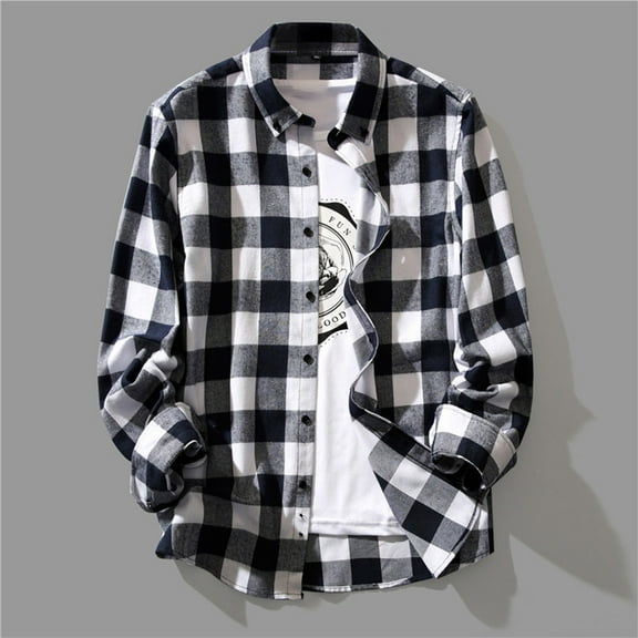 Mens Shirts Men Casual Fall Trendy Plaid Turn-down Collar Button Long Sleeve Shirt Blouse Black XXL