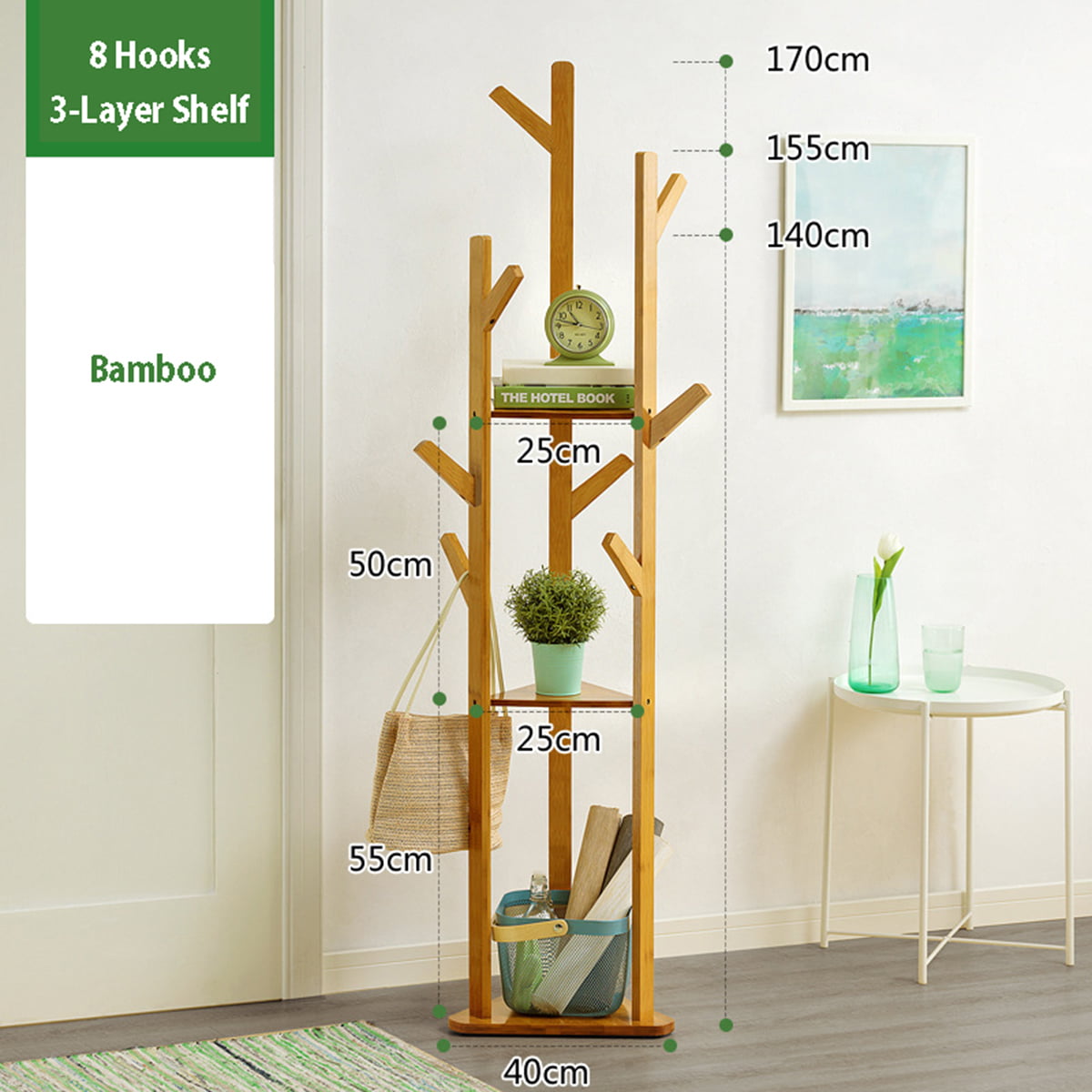 Details about   3 Layer 8 Hooks Shelf Clothes Coat Hat Rack Tree Stand Bamboo Hanger Organizer