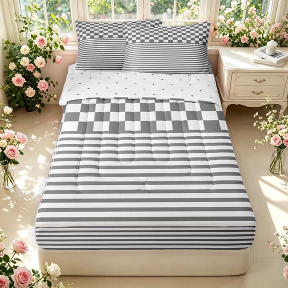 Manfei Geometric Check Zipper Twin Comforter Sets with Fitted Sheet and 2 Pillowcases,Classic Plaid Zipper Bedding Set,Gray White,Reversible,4pcs