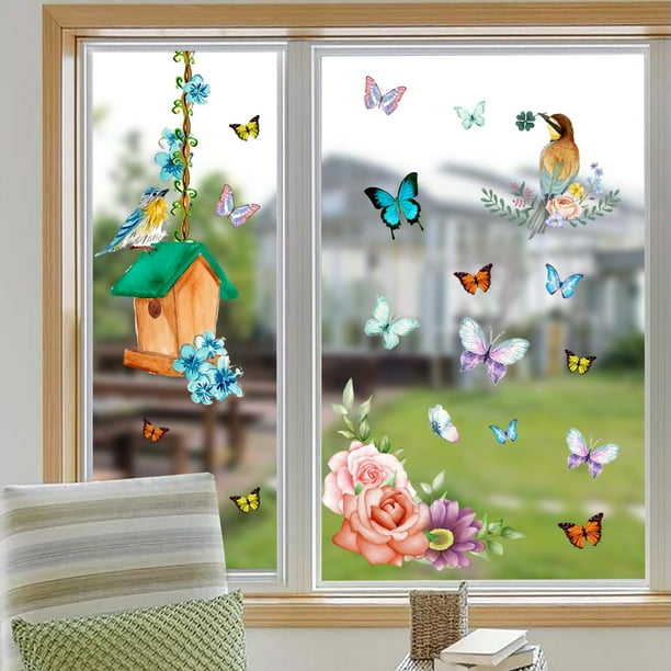 Calcomanías de ventana de colibrí de primavera, pegatinas de ventana de doble cara anticolisión gruesas reutilizables para sala de estar y ventana del hogar