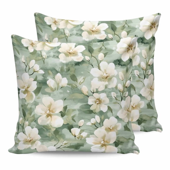 Pillow Covers 18x18 Set of 2, Sage Green Spring Floral Throw Pillow Covers Decorative Couch Cushion Cover, Summer Botanical Farmhouse Microfiber Soft Square Pillowcases for Bedroom Living Room Sofa
