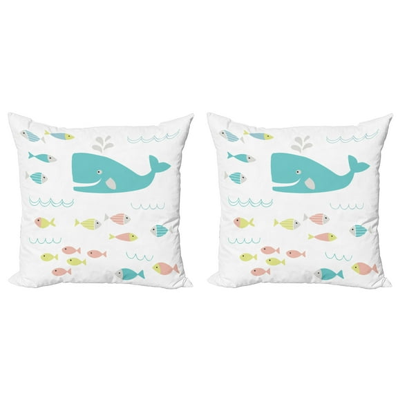 Ambesonne Cartoon Throw Pillow Cover 2 Pack, Geometric Whale Fish, 18", Yellow White