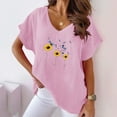 thumbnail image 2 of WREESH Cotton Linen Casual T-Shirt for Women Short Sleeve Sunflower Print V-Neck Pink, 2 of 6