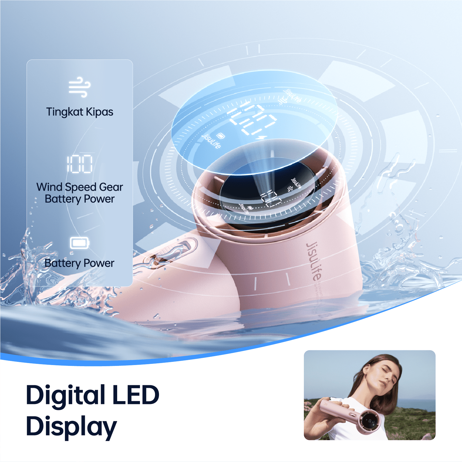 JISULIFE Portable Handheld Fan, Turbo Power High Speed Air [12Hrs Cooling], 100 Speeds, 3600mAh USB Rechargeable Mini Personal Fan, Digital Display, Gift for Travel/Outdoor -Pink