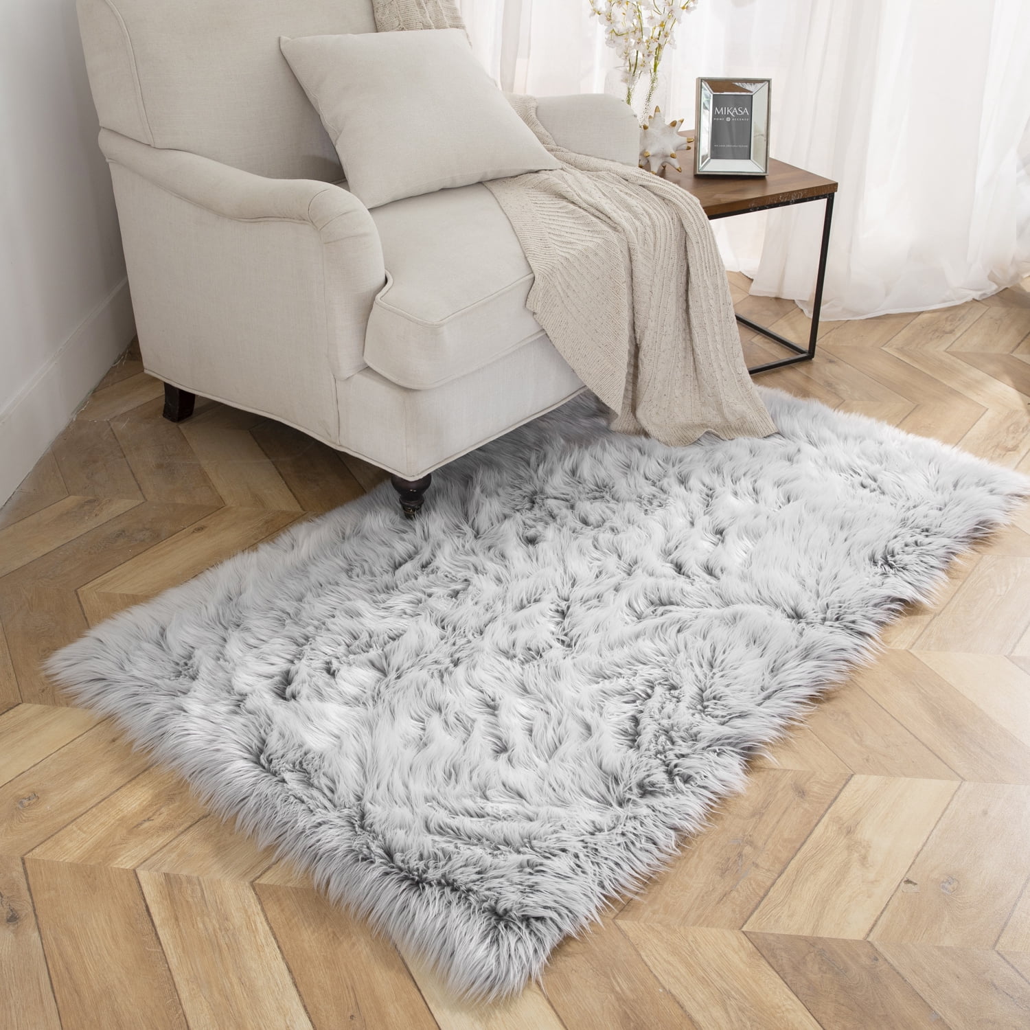 Deluxe Ultra Soft Faux Sheepskin Fur Series Fluffy Decorative Indoor Shag Area Rug, 3 x 5 Feet Rectangle, Gray and White, 1 Pack