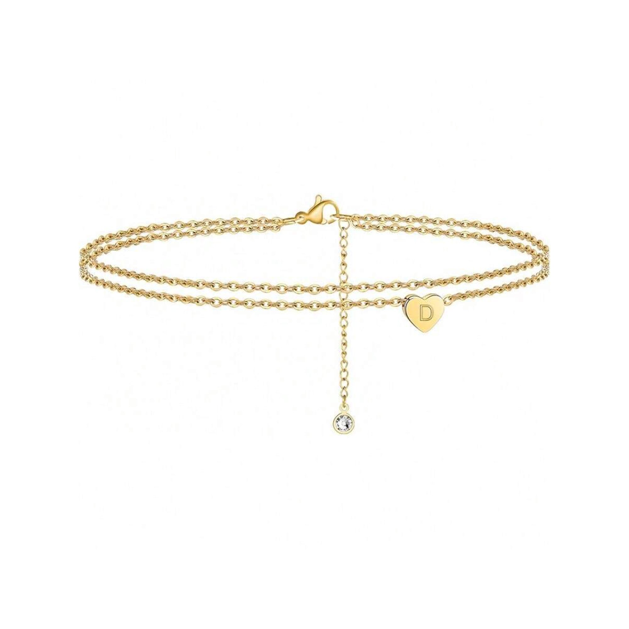 Layered Goldtone Heart Initial Ankle Bracelet With Crystal Charm - D