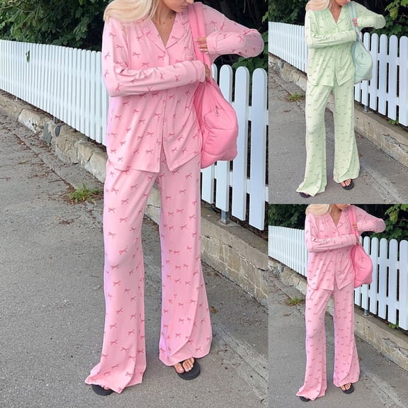 Women 2 Piece Pajama Set Heart Print Long Sleeves Button Down Lapel Shirt Long Pants Matching Sets Loungewear Green L