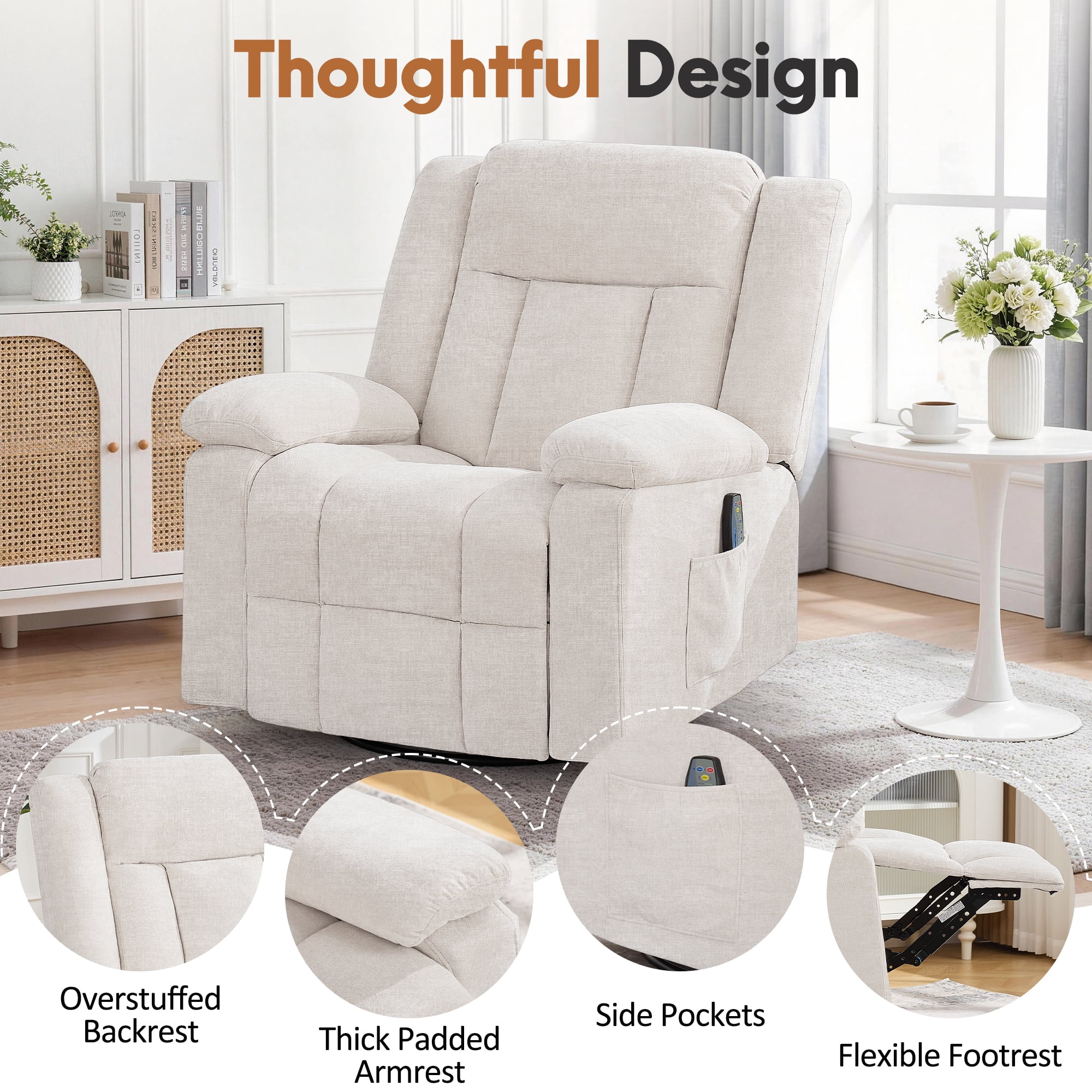 Korser 360°Swivel Rocker Recliner with Massage and Heating,Rocker Recliner Chair for Adults with Side Pockets Nursery Glider Recliner for Living Room,Chenille,Beige