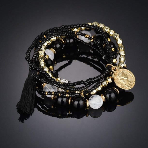 6 unids/set de pulsera multicapa con cuentas bohemias para mujer, colgante de moneda de Metal a la moda Vintage, pulsera con borla, regalo de joyería de vacaciones Tan Jianjun unisex
