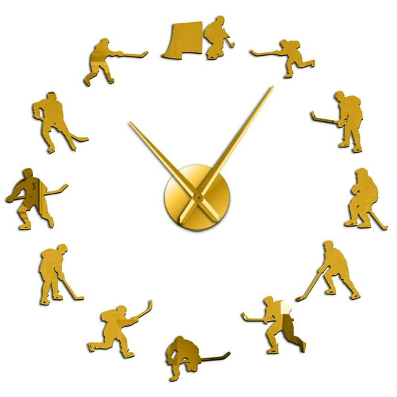 Hockey Sport Wall Art Stickers DIY Large Wall Clock Ice Hockey Players Home Decor Frameless Wall Watch Gift(Gold,27inch)