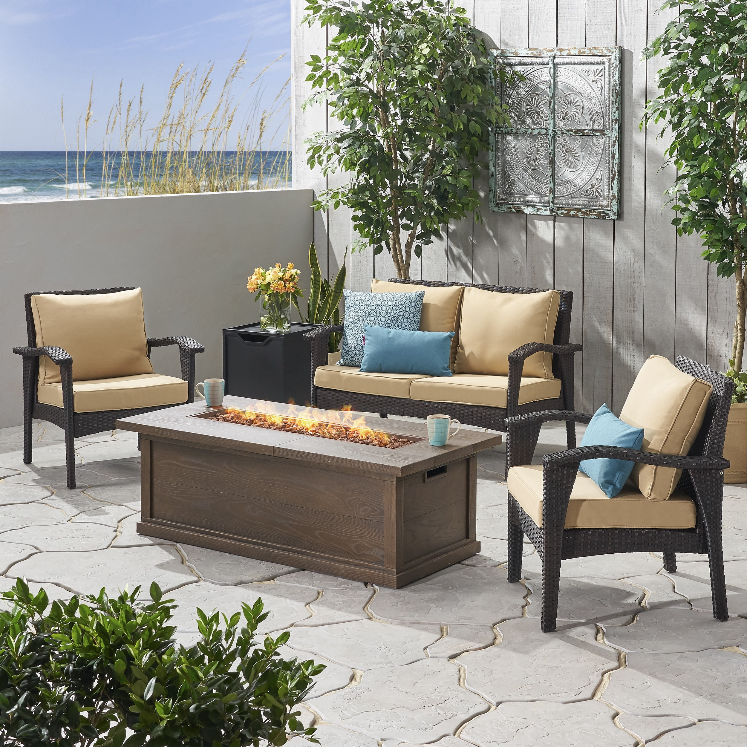 Kingsfield Outdoor 4 Seater Wicker Chat Set with Fire Pit, Brown and Tan
