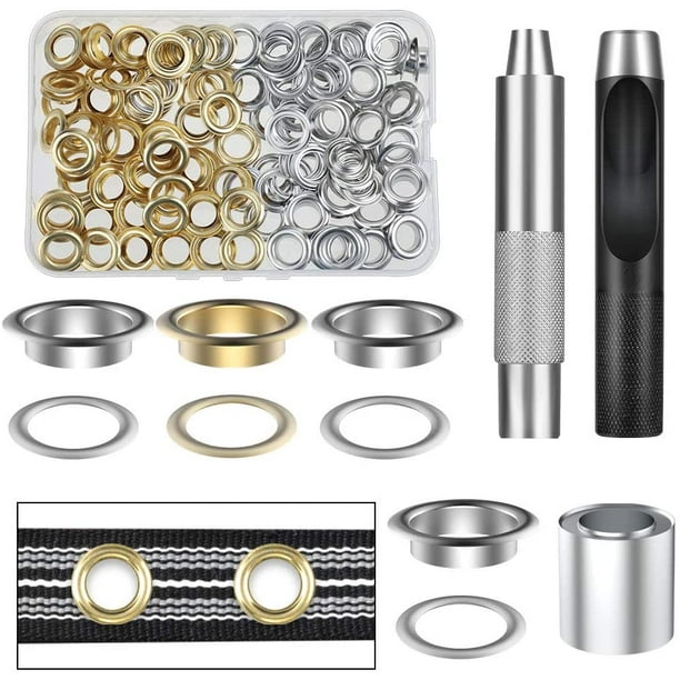 Uxcell Grommet Tool Kit 100 Sets 5/16 inch Copper Grommets Eyelets with 3pcs Install Tools, 8mm Inside Dia. Silver Tone, Size: Small