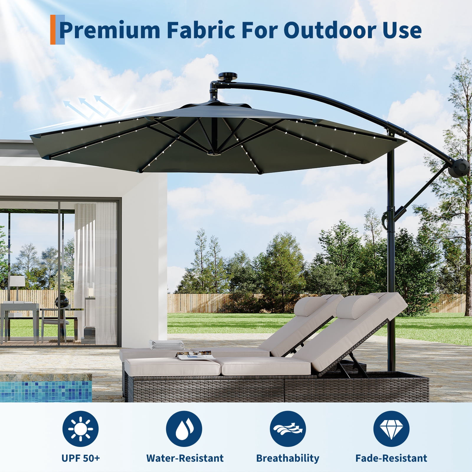Wildbreak 10 ft Offset Hanging Market Patio Umbrella, with Solar LED, Easy Tilt Adjustment, Gray
