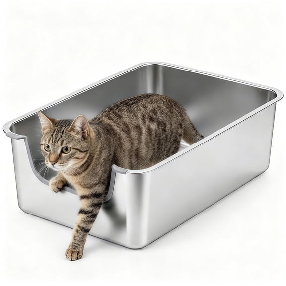 KPWACD Stainless Steel Litter Box Low Entry Metal Cat Litter Pan 23.4 x 15.5 x 7.8-in