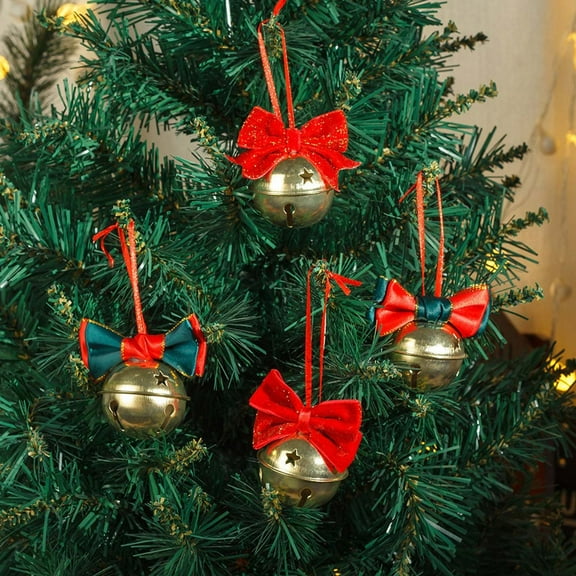 4Pcs 1.77Inch Christmas Jingle Bell Ornaments with Glittery Bows, Gold Metal Bell Hanging Decorations Set for Christmas Tree, Festive Home and Party Decorations