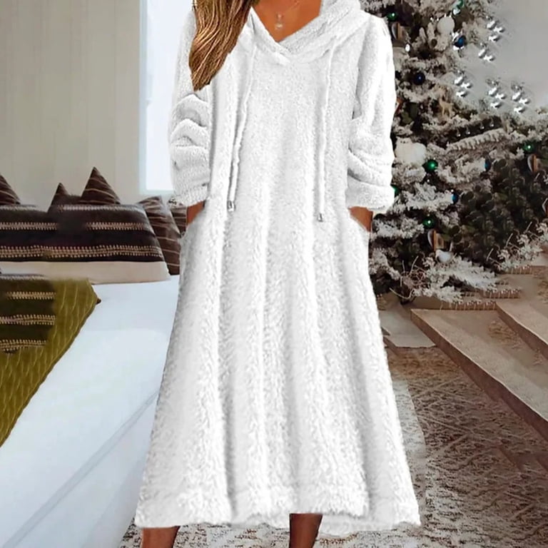 comerut Women Autumn Winter Dress Solid Color Loose Hooded Casual Dress  Soft Flannel Warm Dress Elegant Ladies Fashion Clothing