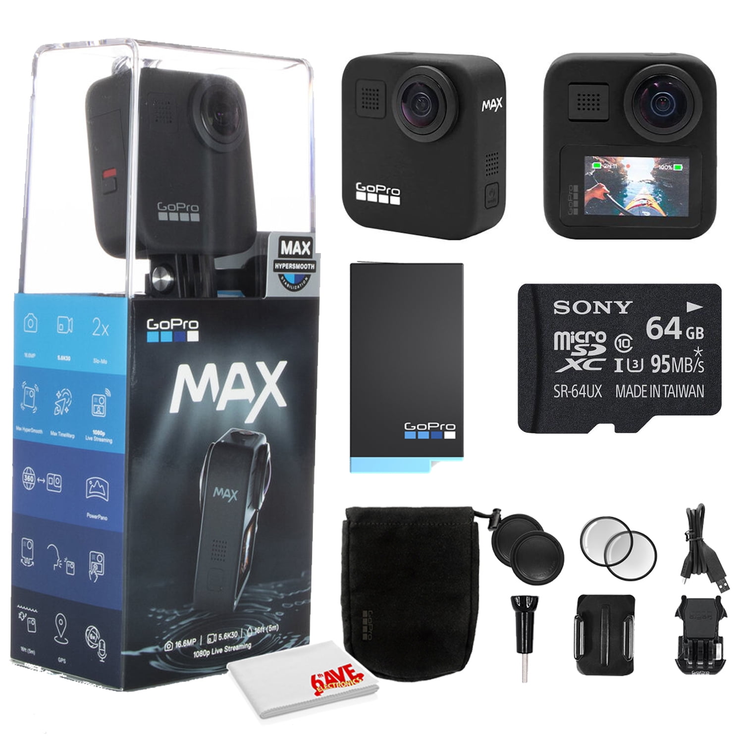GoPro MAX 360 Waterproof Action Camera - With Cleaning Set + 64GB 