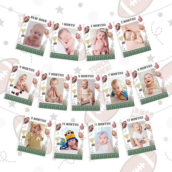 Football 1st Birthday Photo Banner for Boys, Monthly Football Party Decor, Baby Photo Banner for Newborn to 12 Months, Sports Theme Party Supplies
