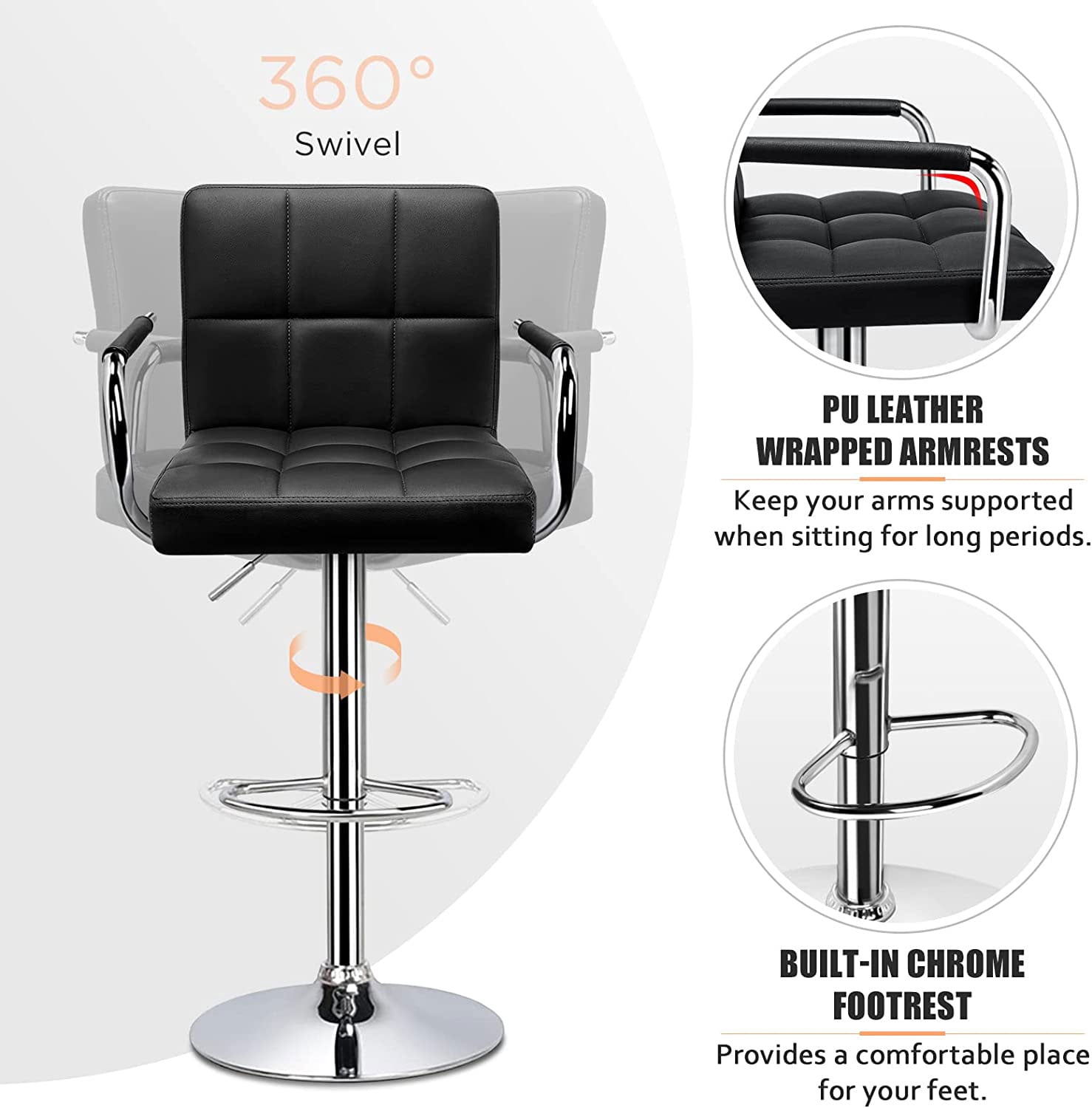 Soontrans Bar Stools Set of 2 Swivel Counter Height Stools with Arms and Back, Adjustable Island Chairs for Kitchen, Modern Barstools with Backrest and Armrest(Black, 2Pcs)