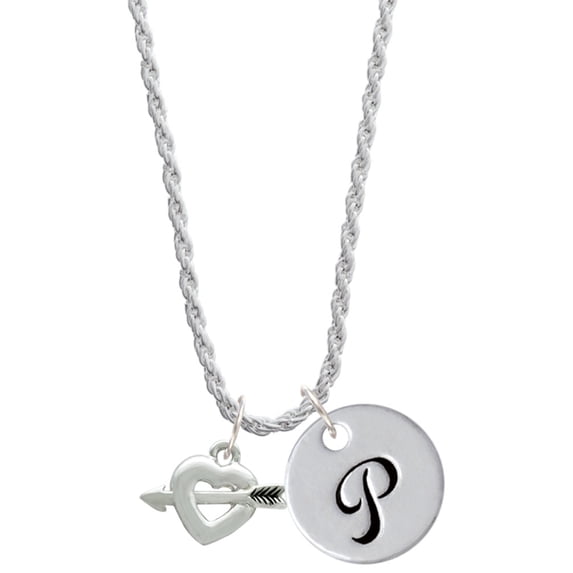 Delight Jewelry Silvertone Heart with Arrow Silvertone Script Initial Disc - P - Charm Necklace, 20"+3"