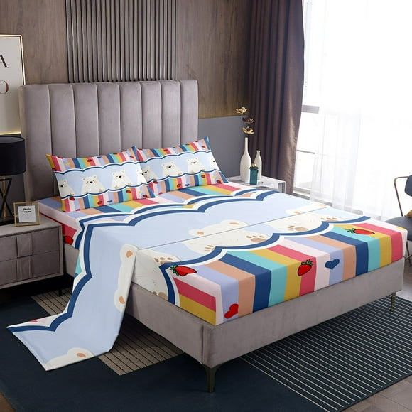 Erosebridal Polar Bear Bed Sheets Set Twin Size, Cute Animal Bed Sheets Twin, Rainbow Stripe Decor 3 Pieces