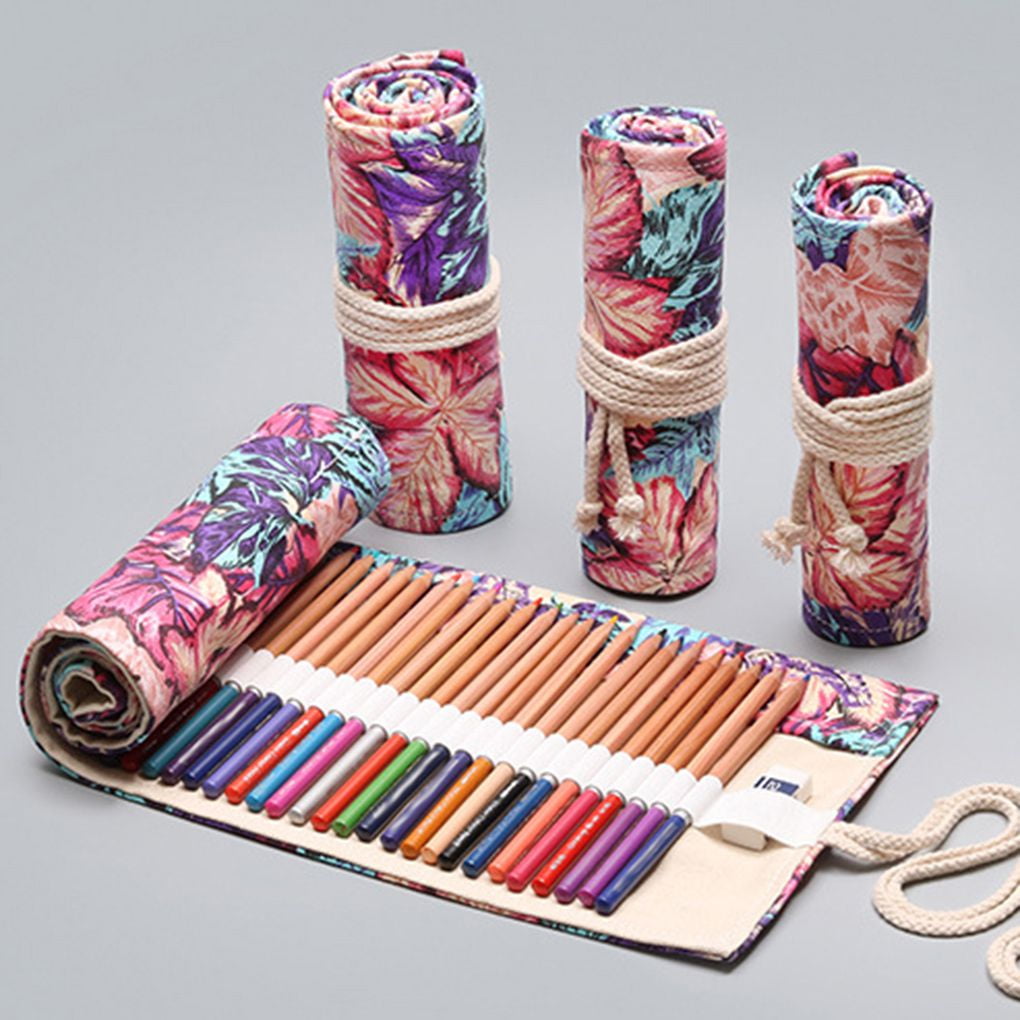 Colored Canvas Roll Up Pencil Case Wrap Pen Holder Bag Storage Pouch 12-72 Holes 