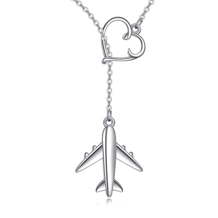 Airplane Necklace for Women Sterling Silver Heart Flight Attendant Gifts (Y)