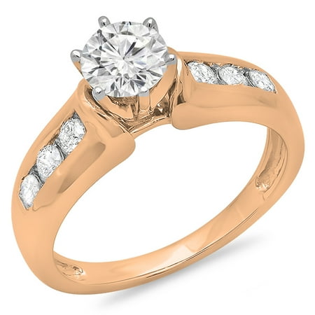 1.00 Carat (ctw) 14K Rose Gold Round Cut Diamond Ladies Bridal Solitaire With Accents Engagement Ring 1 CT