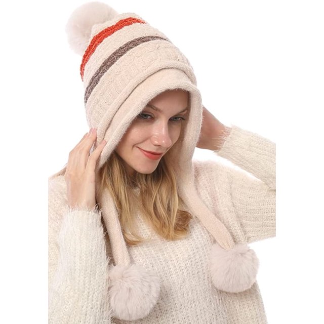 LinYooLi Bonnet Épais pour Femmes avec Pompons, Chapeau Crâne Tricoté Chaud Doux Doublé Tendance
