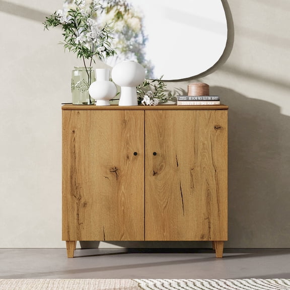 Small Dresser Cabinets with 3 Compartments for Bedroom, 35.4 Inches Wide Modern Wood Dresser Chest with Doors, Oak Brown