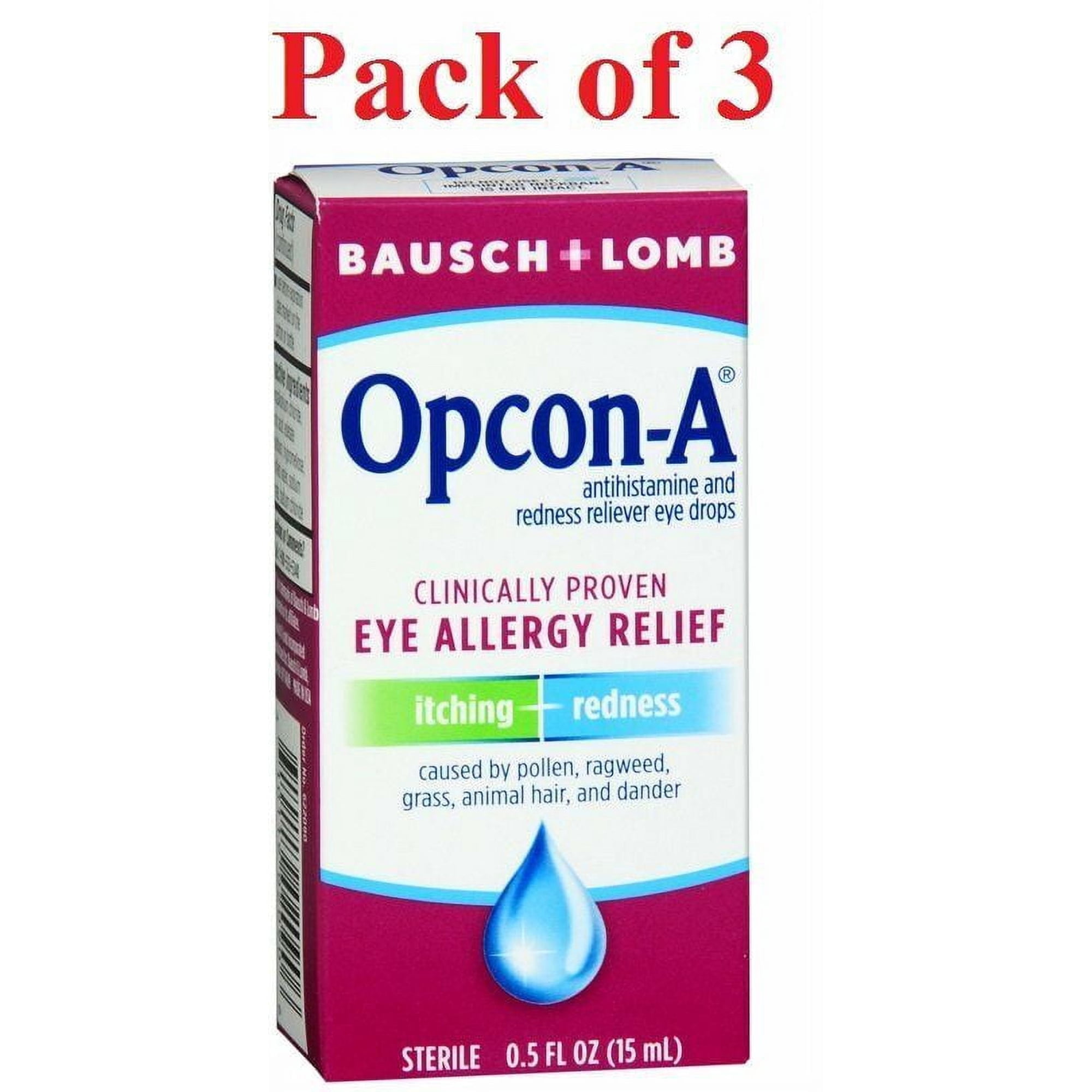 Opcon-A Allergy Eye Drops by Bausch + Lomb, for Itch and Redness Relief, Red and Itchy Eyes Antihistamine Eye Drop, Clinically Proven Treatment, 0.5 Fl Oz, Pack of 3