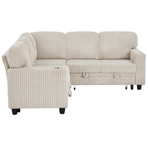MOONMISS L-Shaped Sofa with Pull Out Sofa Bed, Sleeper Sofa Couch Bed with Storage Seat, 5 Seat Sectional Sofa Bed with USB, Sectional Sofa Couch for Living Room, Apartment,Beige