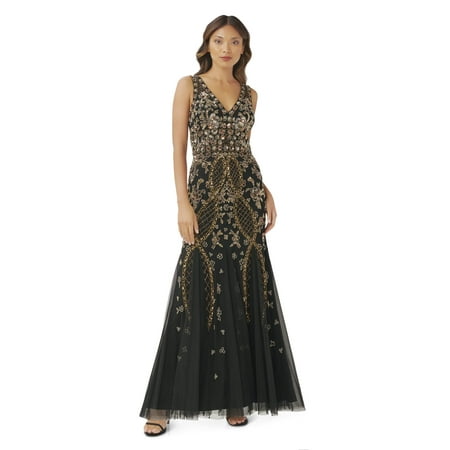 Adrianna Papell V-Neck Fully Beaded Long Gown Black/Gold 12