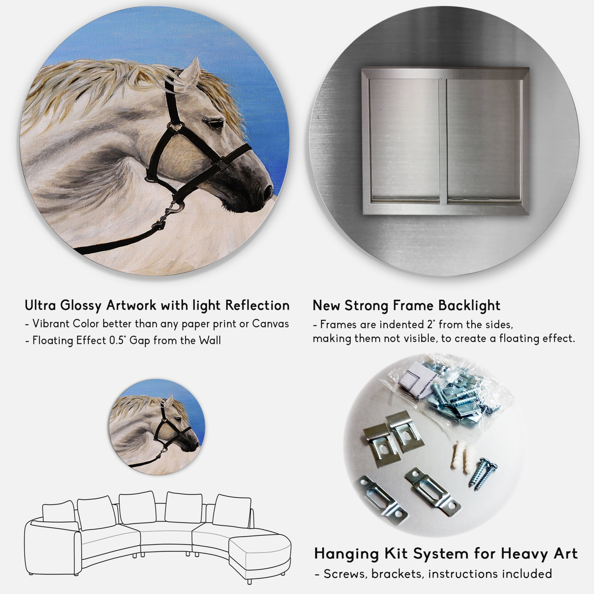Designart 'Close Up Of White Horse In The Furrow' Farmhouse Circle Metal Wall Art 11x11 - Disc of 11