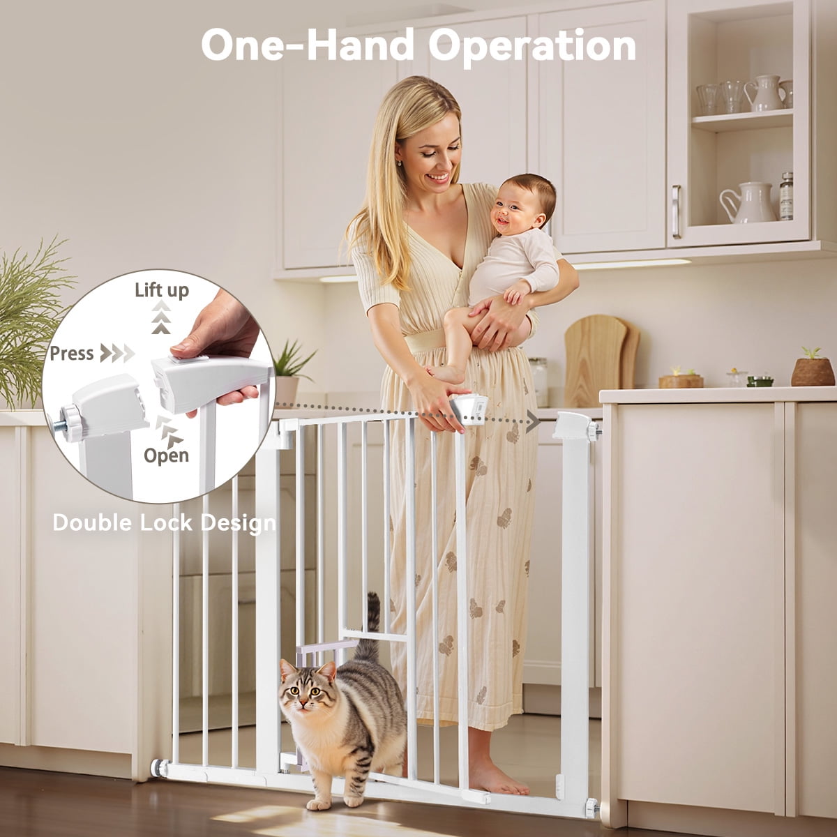 Pet Safety Gate, 29.5''-40.5''Wide Pet Safety Gate with Cat Door, White