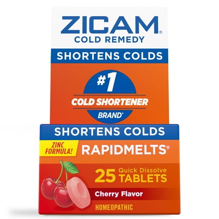 Zicam Cold Remedy Zinc Rapidmelts, Cherry Flavor, Homeopathic Cold Shortening Medicine, 25 Count