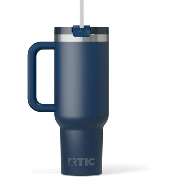 40 oz Road Trip Tumbler Double-Walled Insulated Stainless Steel Portable Travel Coffee Mug Cup with Lid, Handle and Straw, Ceramic-Lined, Navy