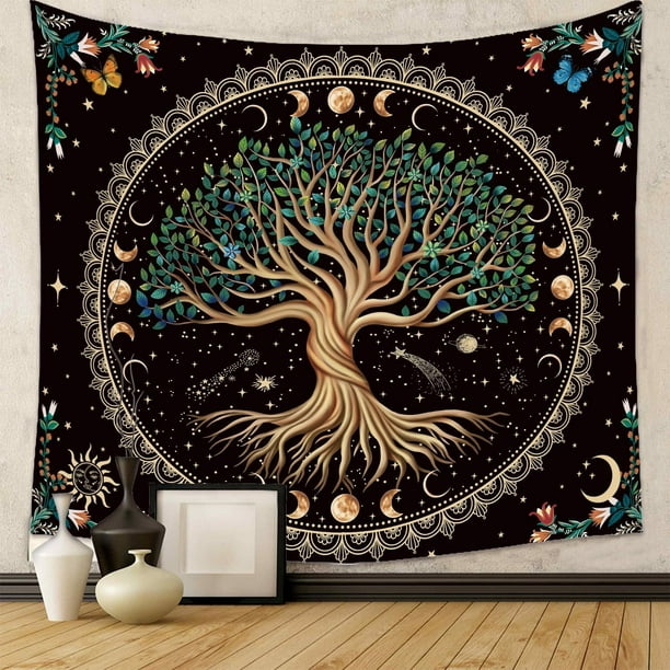 Tapiz para colgar en la pared con forma de mandala con forma de árbol de la vida, 150 x 130 cm