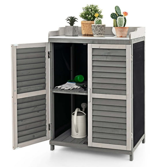 Costway Outdoor Potting Bench Table, Garden Storage Cabinet with Metal Tabletop