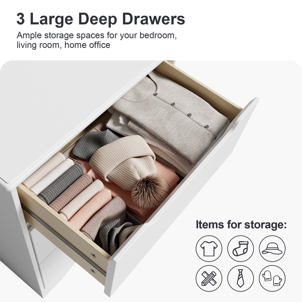 Aiho White Dresser with 3 Drawers, Wood Tall Chest, Built-in Handle Drawers for Bedroom, Home, Living Room, Hallway - White