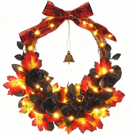 Halloween Wreaths for Front Door,16 inch Black Rose Halloween Wreaths with Lights Berry Maple Leaf Small Bell,Scary Halloween Home Decoration for Indoor,Outdoor,Wall Window,Porch,Garden,Home,Party