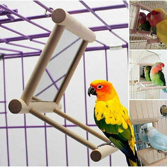 Birds Mirror for Cage, Parrot Hanging Swing with Mirror, Natural Wooden Play Mirror Pet Bird Cage Accessories with Metal Hook