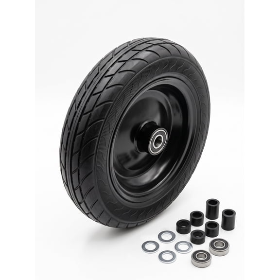 Dkriqie 14.5" Flat Free Wheelbarrow Solid Tire Wheel, 3" Centered Hub, 5/8" & 3/4" Bearings, Universal Fit for 4.80/4.00-8, 3.50/3.00-8, 4.00-6, Black