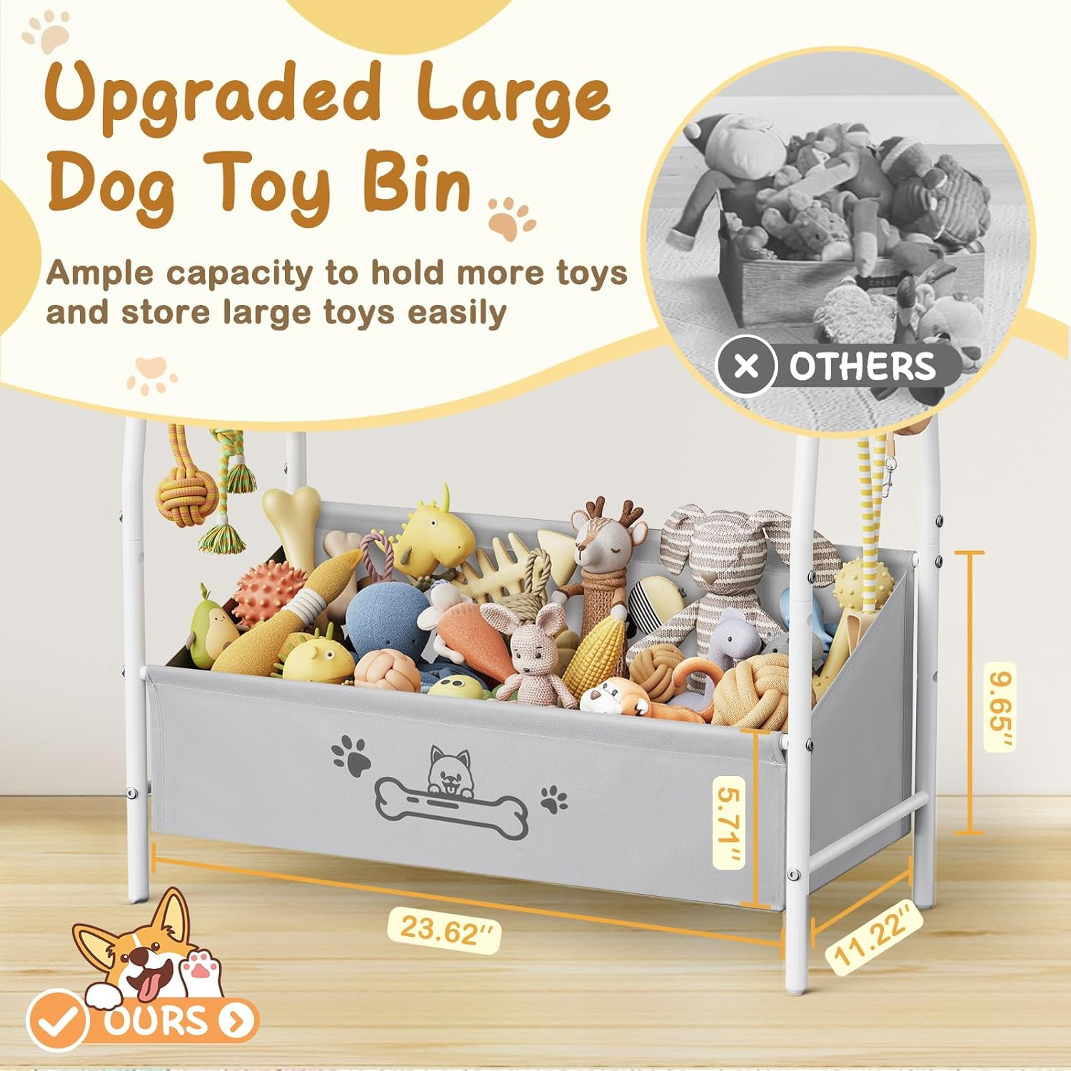 Large Dog Toy Basket (23.6"x11.2"x9.7"), Dogs Toy Bin with Storage Organizer, Trapezoid Toy Box for Dog Stuff Accessories, Pet Toy Storage Holder Chest for Cat Dogs Essential Supplies