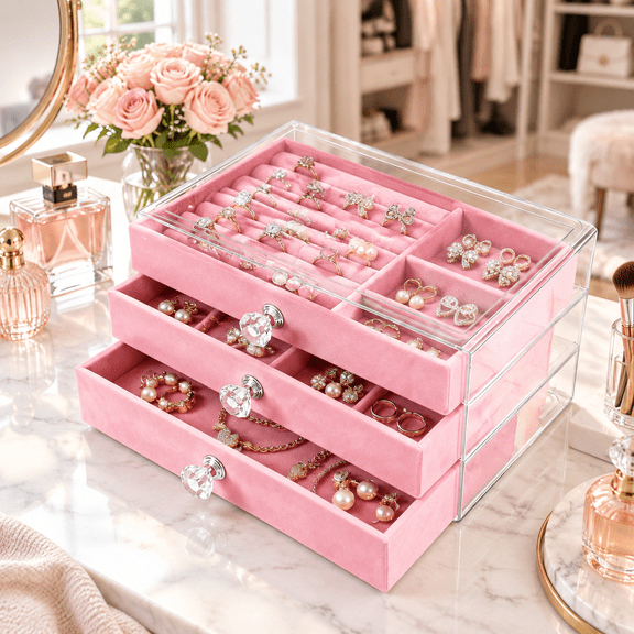 Clear Acrylic Velvet Jewelry Organizer Stackable Display Storage Earrings Necklace Rings Bracelets Box Holder Case for Women,