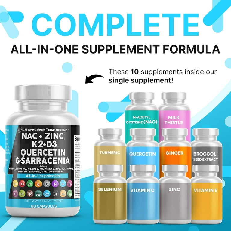 Clean Nutraceuticals NAC Supplement 1000mg with Vitamin D3 K2 Zinc  Quercetin Elderberry and Sarracenia Purpurea 60 Count